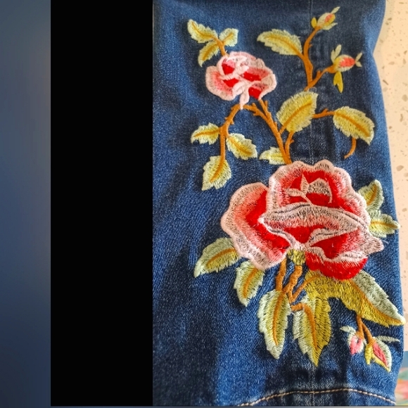 BLUE DESIRE DENIM  JEANS WITH STUNNING FLORAL EMBROIDERED LEG! - Picture 3 of 4